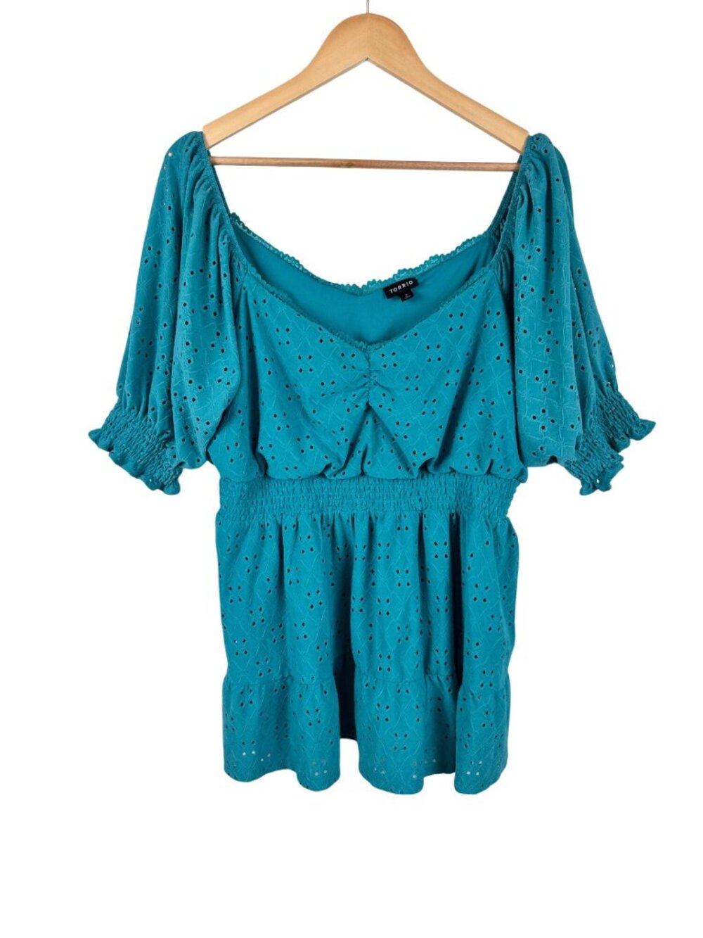 Torrid Turquoise Blue Peasant Eyelet Embroidered Smocked Top Size 2 Cottage Boho
